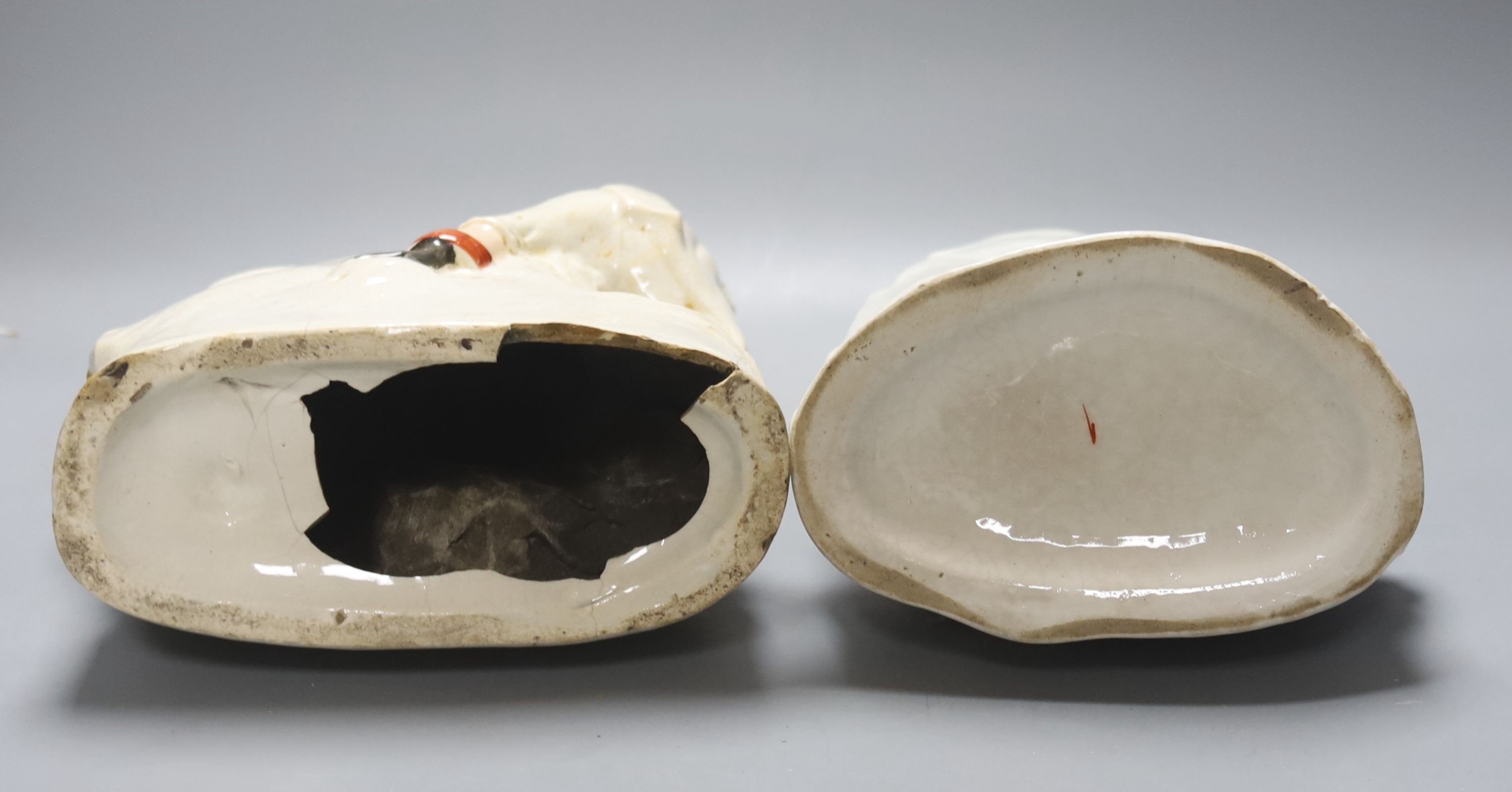 Two titled Staffordshire flatback groups ‘The Rival’ and another with printed poem, 32cm